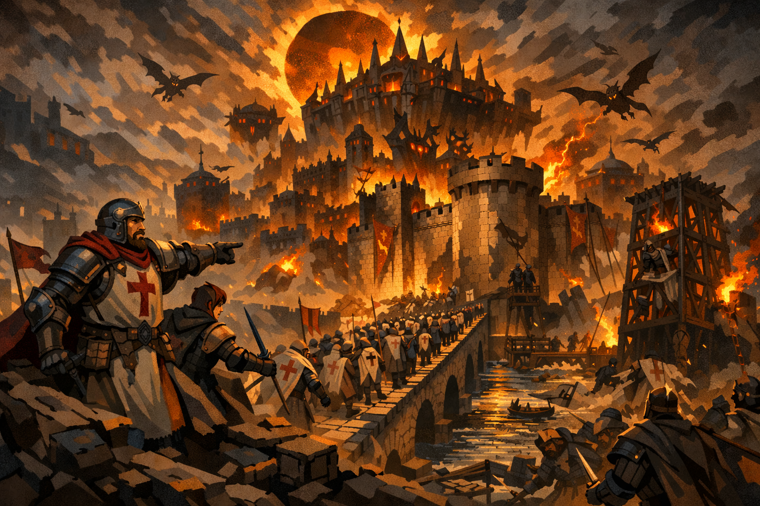 Cell-shaded scene of Antioch under siege by crusaders and monsters in Legion