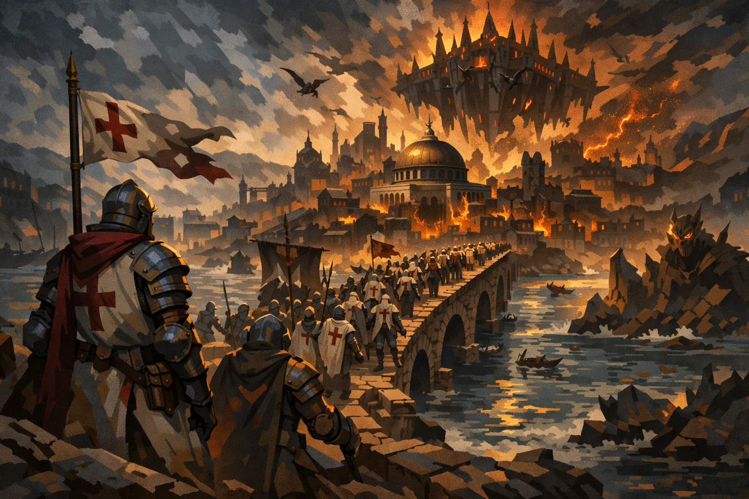 Cell-shaded scene of crusaders crossing toward Constantinople and the Bosporus in Legion