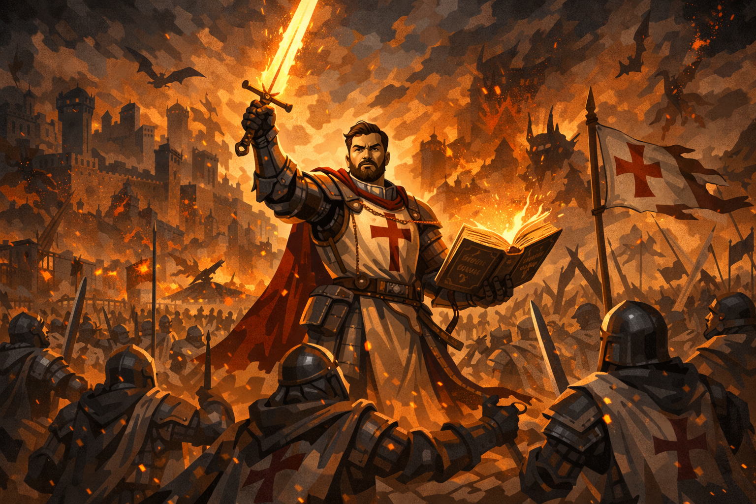 Cell-shaded portrait of an oathbound crusader knight in Legion