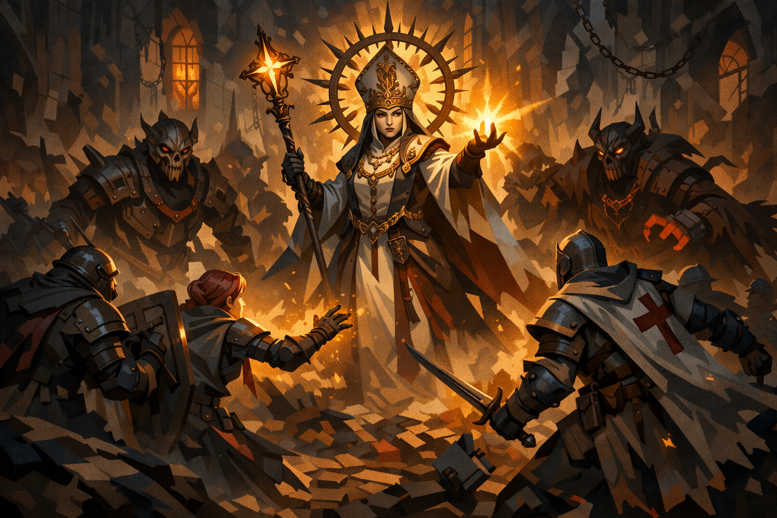 Cell-shaded portrait of a battle abbess and standard-bearer in Legion